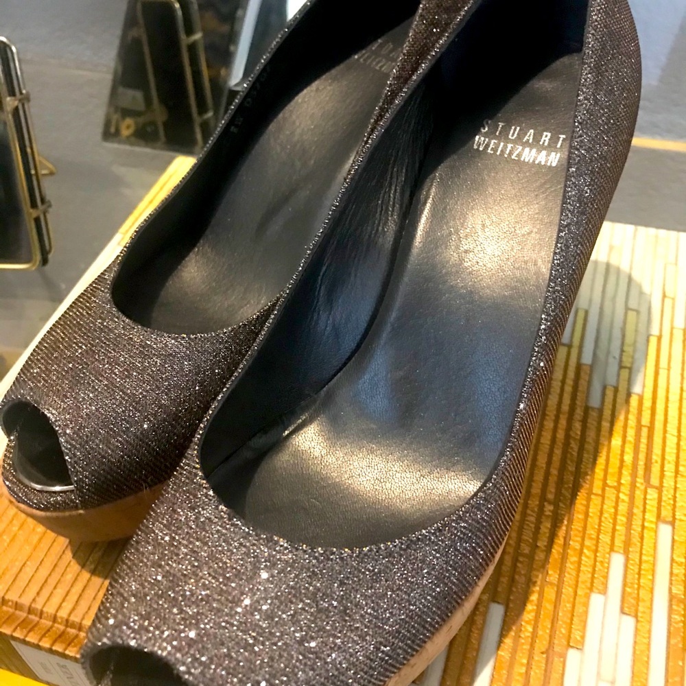 Stuart Weitzman Glitter Peep Toe Wedge Heel